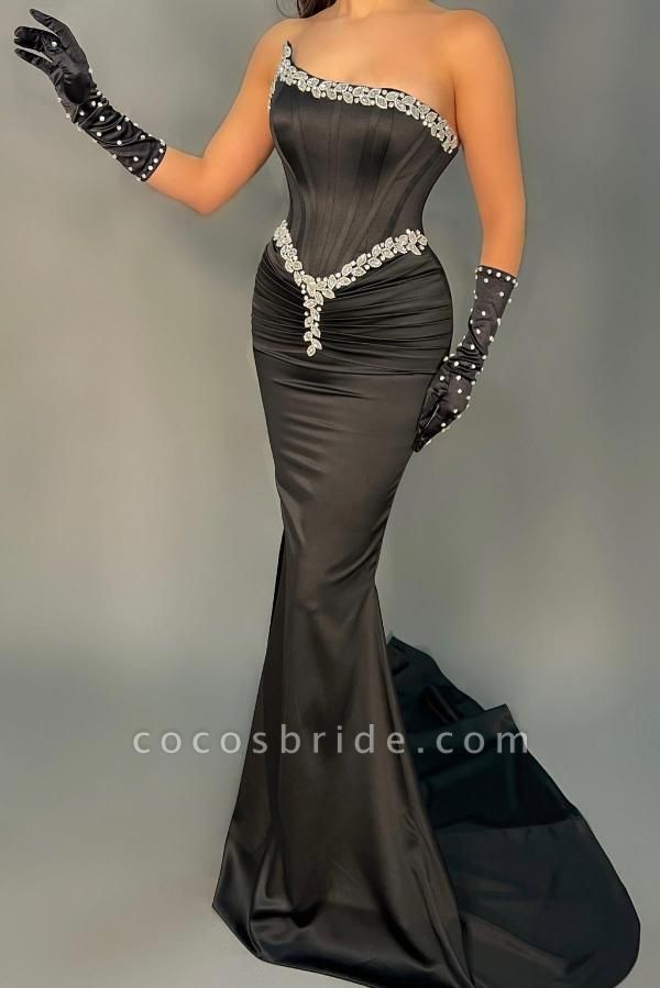 Elegant Black Long Mermaid Strapless Satin Beading Evening Dress
