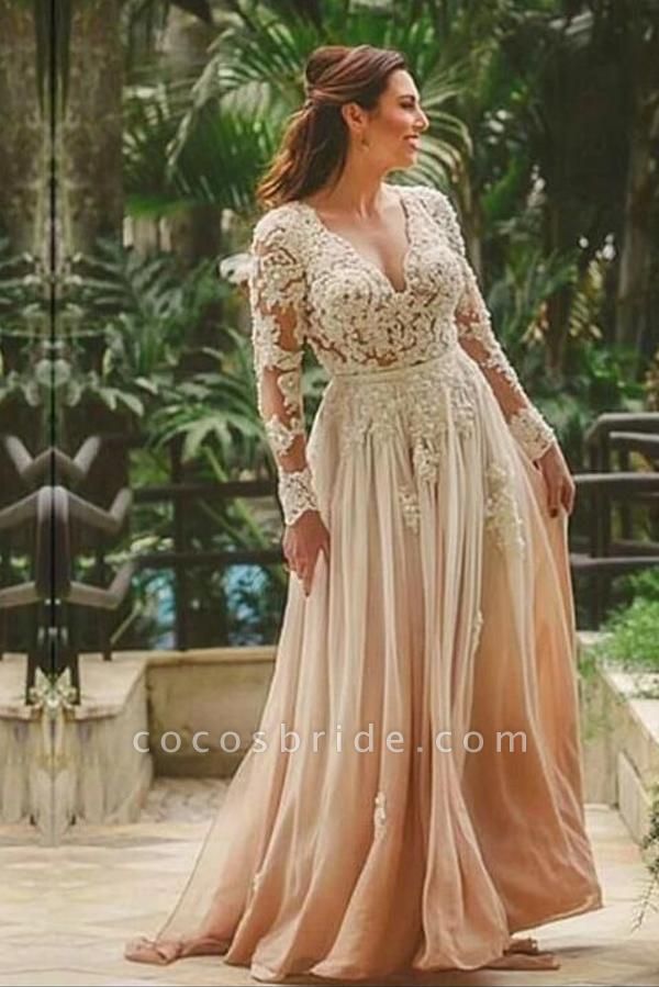 Fashion Long A-line V-neck Chiffon Lace Backless Wedding Dresses with Sleeves