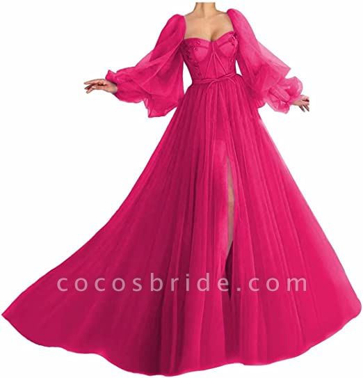 Awesome Long Sleeves A-line Sweetheart Tulle Prom Dress with Slit