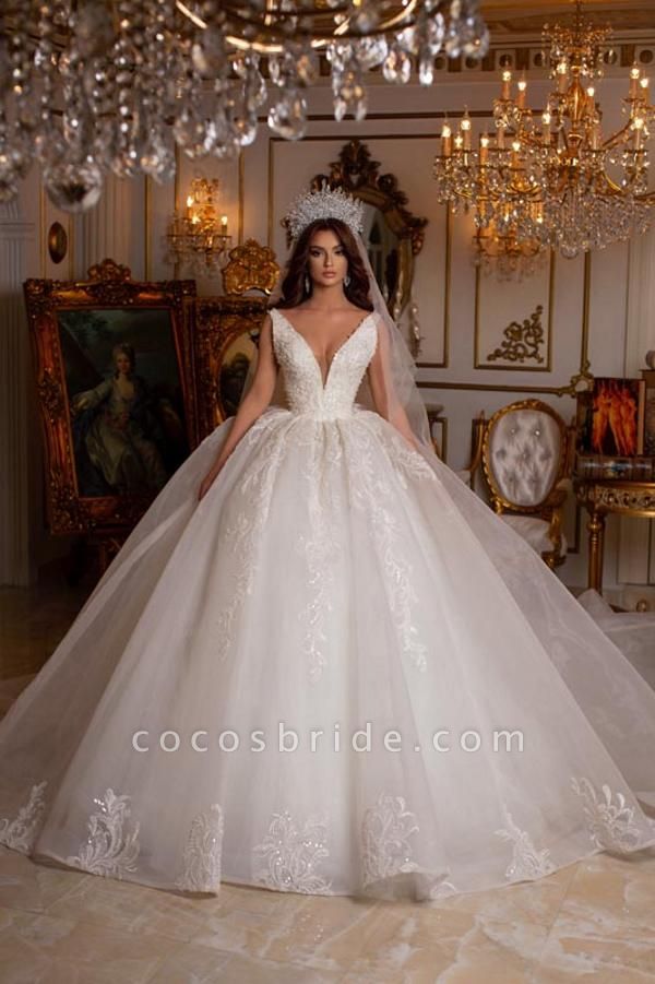 Luxury White Long Ball Gown V-neck Backless Tulle Lace Wedding Dress