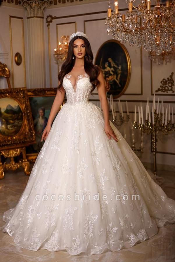 Long A-line Sweetheart Tulle Lace Open Back Wedding Dresses