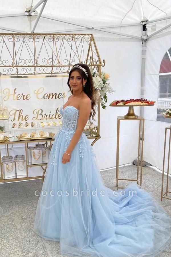 Sky Blue Long A-line Sweetheart Tulle Lace Prom Dresses