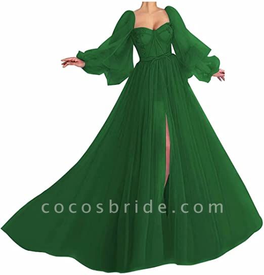 Awesome Long Sleeves A-line Sweetheart Tulle Prom Dress with Slit