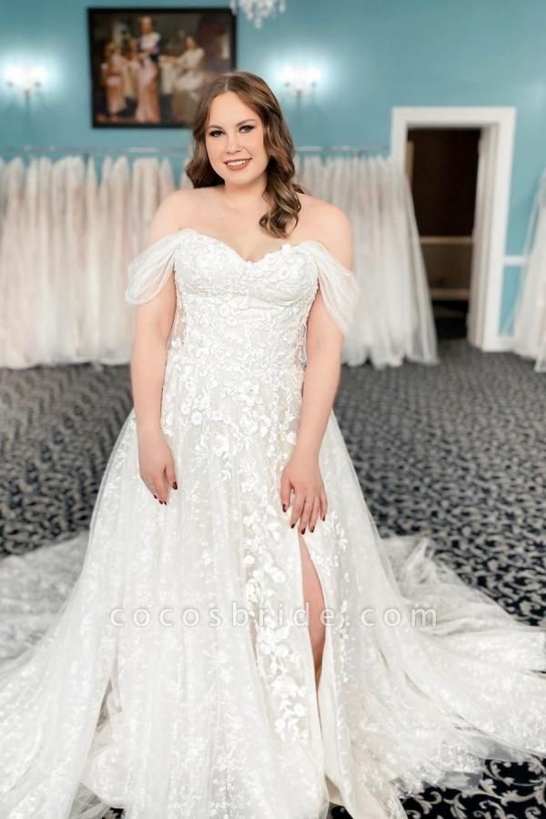 Elegant Long A-line Off the Shoulder Tulle Lace Wedding Dress with Slit
