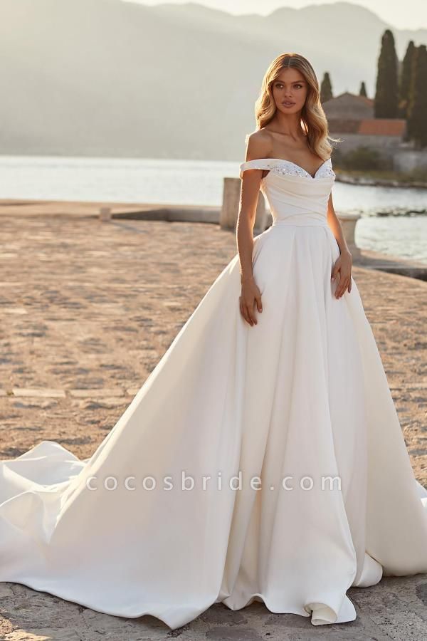 Long A-line off the Shoulder Ruched Satin Wedding Dress with Crystals