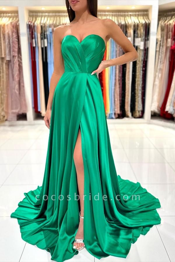 Green Long A-line Sweetheart Satin Prom Dress with Slit