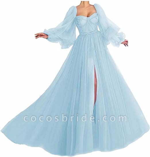Awesome Long Sleeves A-line Sweetheart Tulle Prom Dress with Slit