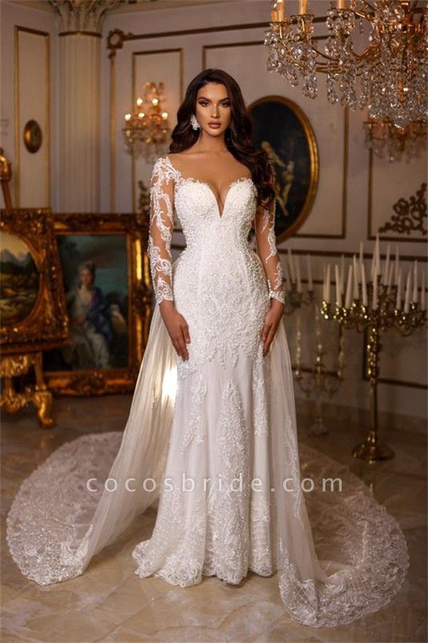 Charming Long Mermaid Sweetheart Tulle Lace Wedding Dress with Sleeves