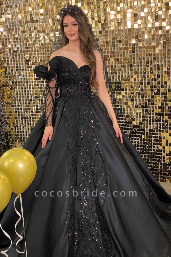 Black Long Ball Gowns Sweetheart Satin Lace Prom Dress with Sleeves