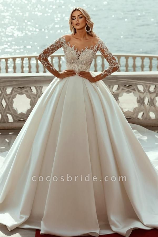 Deluxe Sweetheart Long Sleeves Chapel Train Satin Ball Gown Wedding Dress with Pearls