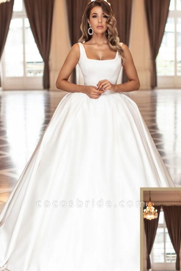 Simpe White Square Straps Satin Ball Gown Wedding Dress