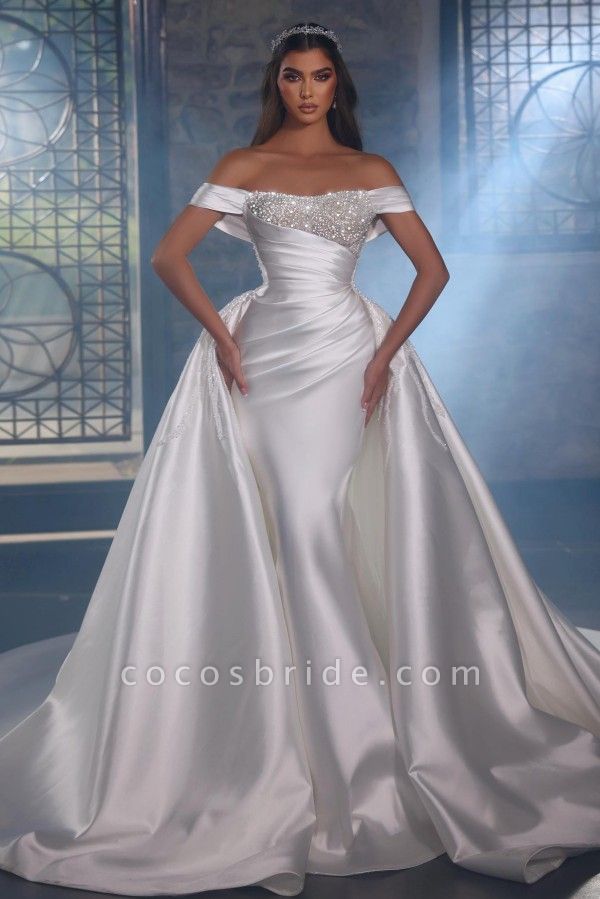 Shiny Long Mermaid Off the Shoulder Satin Beads Wedding Dress with overskirt