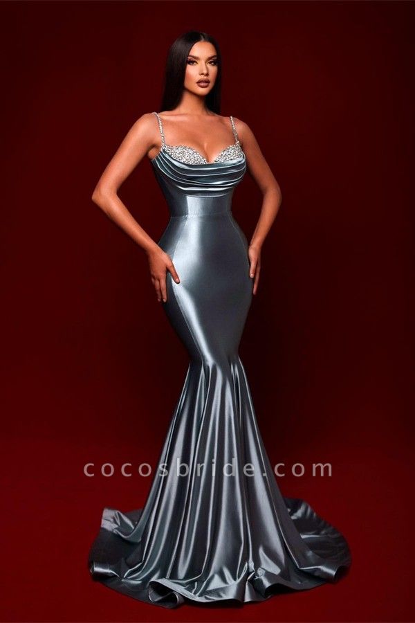 Gorgeous Grey Long Mermaid Spaghetti Straps Stretch Satin Prom Dress