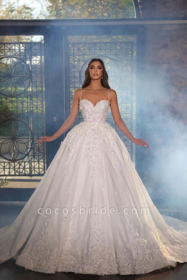 Charming Long A-line Sweetheart Satin Lace Backless Wedding Dress with Train
