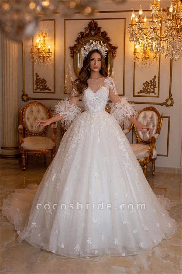Charming Long A-line Sweetheart Tulle Appliques Lace Wedding Dress with Sleeves