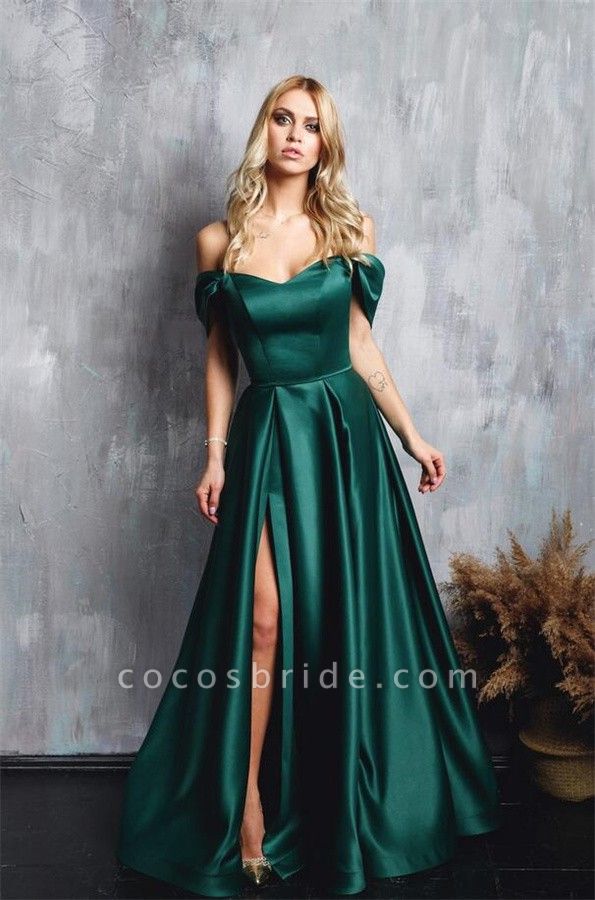 Charming Dark Green Long A-line Off the Shoulder Satin Prom Dress with Slit