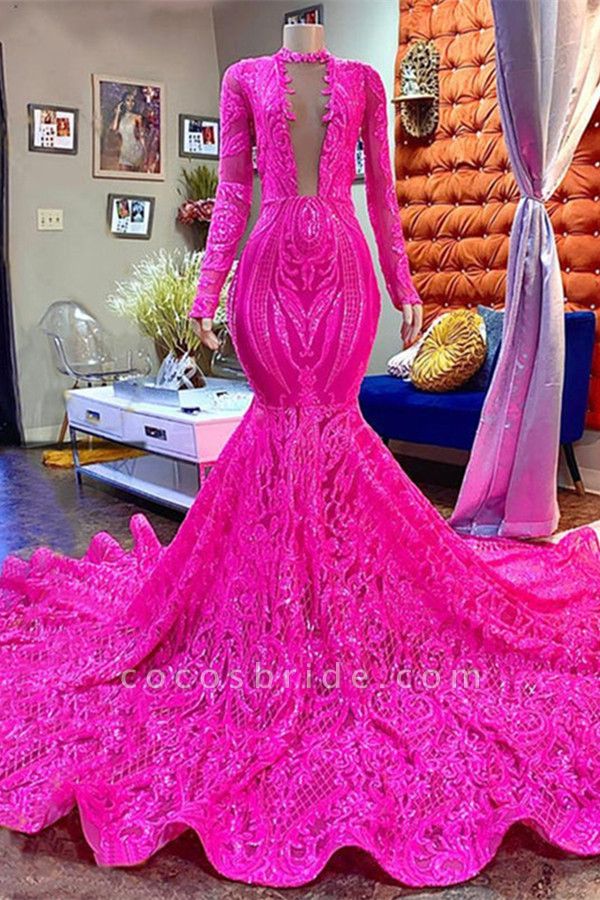 Fuchsia Long Mermaid Deep V-neck Sequined Prom Dress with Sleeves
