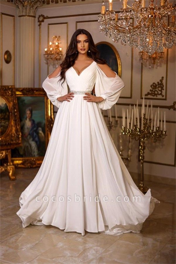 Gorgeous Long A-line V-neck Chiffon Backless Wedding Dresses with Sleeves