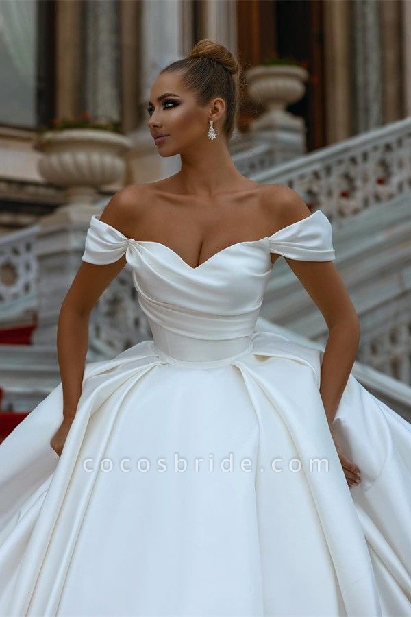 Elegant Long Ball Gown Off the Shoulder Satin Wedding Dress