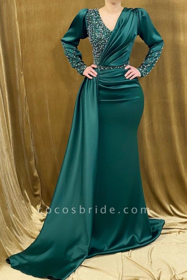 Elegant Dark Green Long Mermaid V-neck Satin Formal Dress with Sleeves