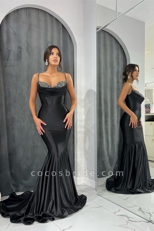 Elegant Black Long Mermaid Spaghetti Straps Beading Formal Prom Dress with Ruffles