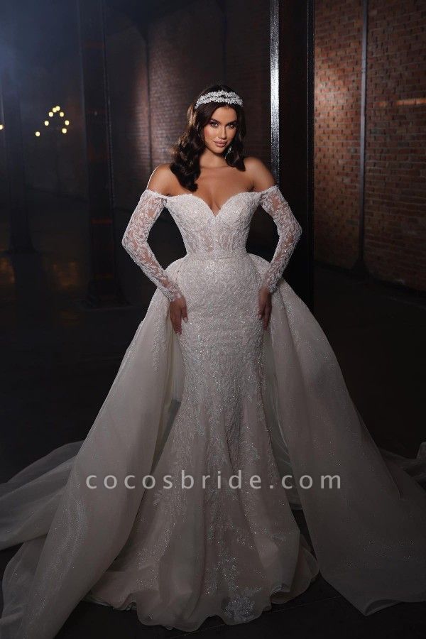 Gorgeous Long Mermaid Off the Shoulder Lace Wedding Dress with Sleeves