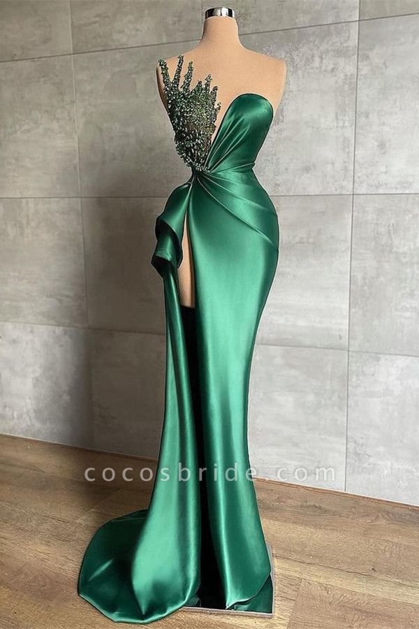 Green Long Mermaid Sweetheart Satin Beads Prom Dress with Slit