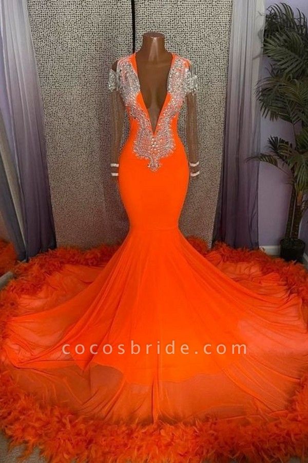 Wunderschönes orangefarbenes langes Ballkleid mit V-Ausschnitt und Meerjungfrau-Quaste und Ärmeln