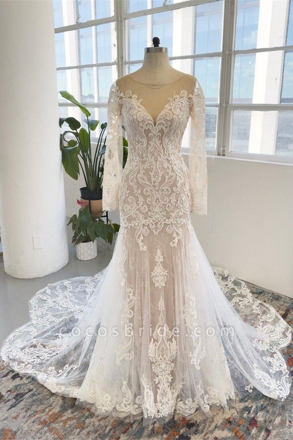 Gorgeous Long Mermaid Jewel Tulle Lace Backless Wedding Dresses with Sleeves