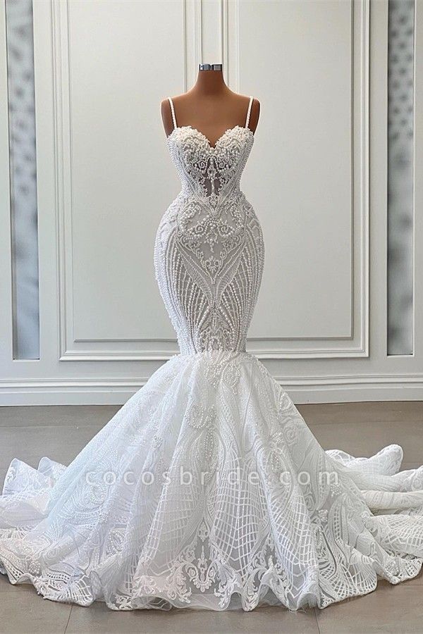 Charming Long Mermaid Sweetheart Tulle Lace Wedding Dress with Ruffles