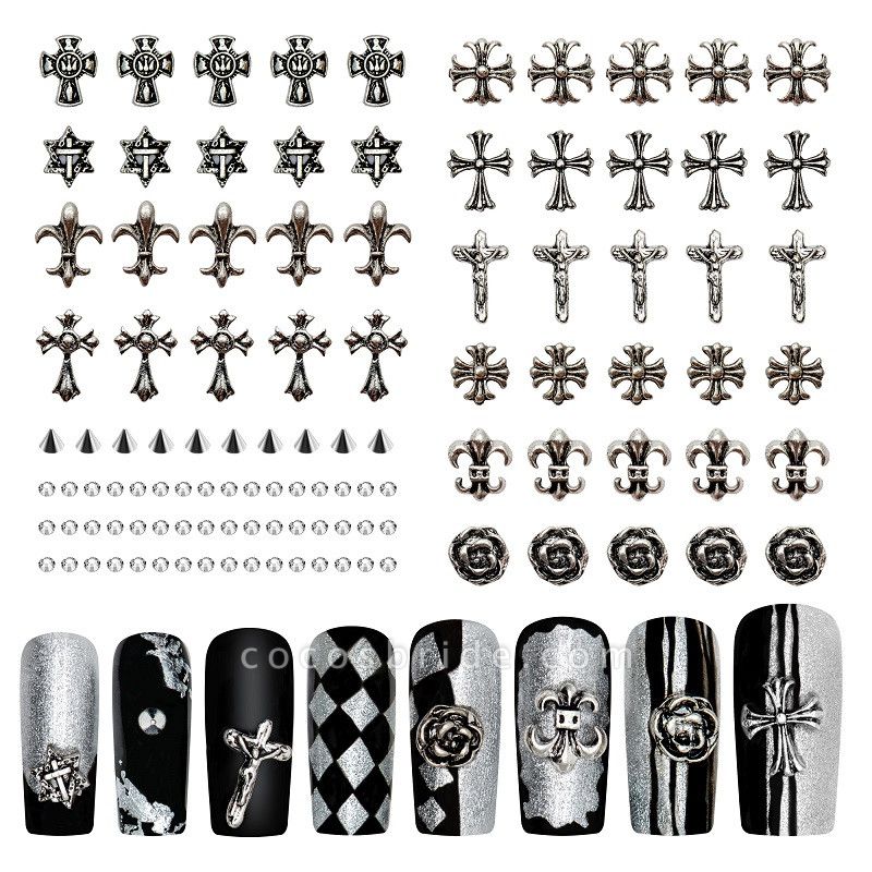 Spaidoon Chrome Hearts Nail Charms, 3D Silver Metal Cross Punk Nail Charms for Acrylic Nail Art Decoration, Nail Bling Rhinestones and Flower Charms with Rhinestone Glue