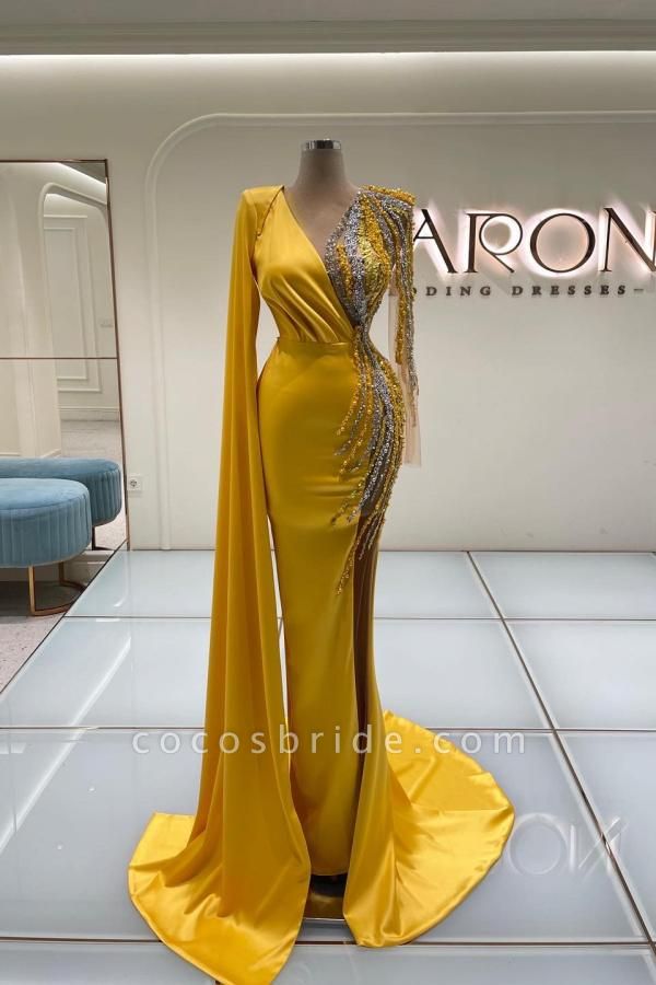 Gorgeous Yellow Long Mermaid V-neck Satin Beading Prom Dresses with Sleeves