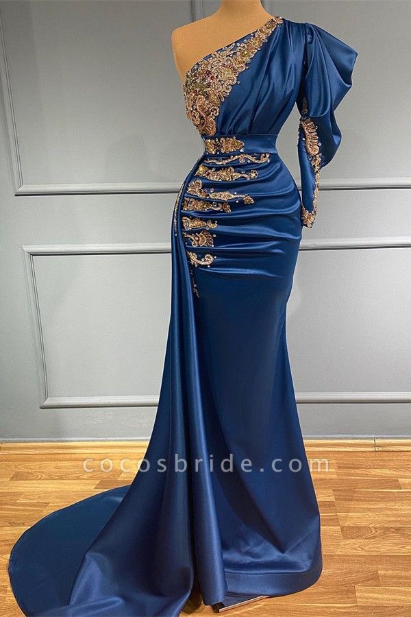 Long Mermaid One Shoulder Satin Appliques Prom Dress with Sleeves