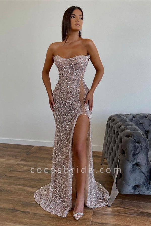 Chic Long Mermaid Strapless Sequined Prom Dress with Slit