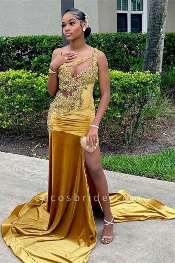 Charming Gold Long Mermaid One Shoulder Satin Appliques Lace Prom Dress with Slit