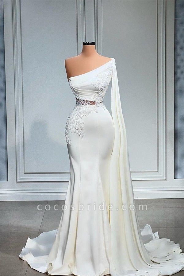 White Long Mermaid One Shoulder Satin Lace Prom Dress
