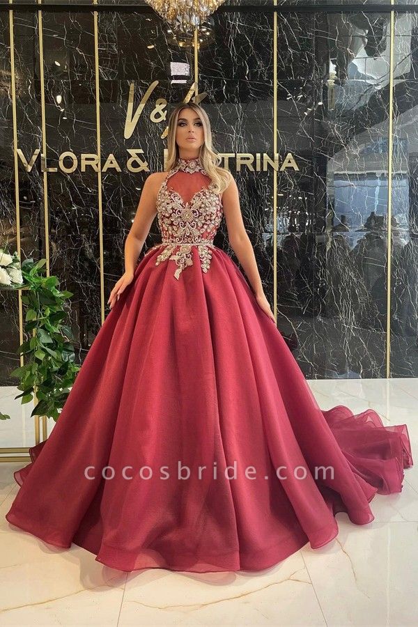Long Ball Gown High Neck Tulle Evening Prom Dresses With Appliques Lace