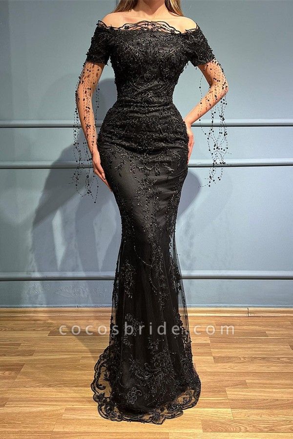 Modest Long Mermaid Off the Shoulder Tulle Lace Prom Dress with Sleeves