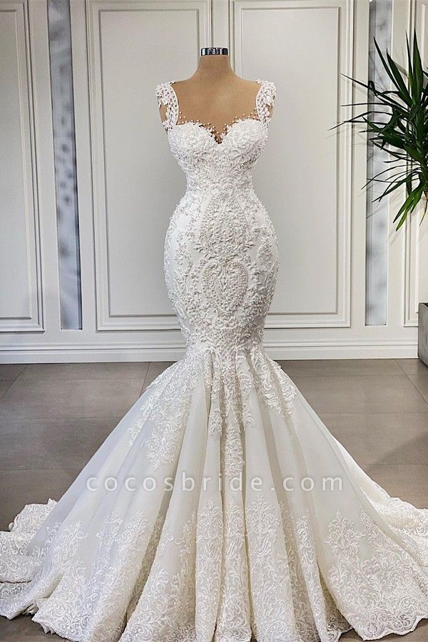 Gorgeous Long Mermaid Sweetheart Ruffles Lace Wedding Dress