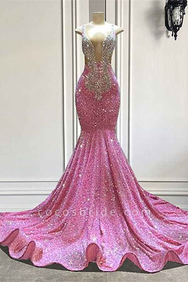 Chic Pink Long Mermaid Sequined Sleeveless Straps Beading Prom Dress