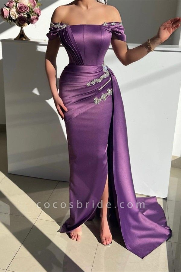 Gorgeous Long Mermaid Off the Shoulder Satin Prom Dress with slit