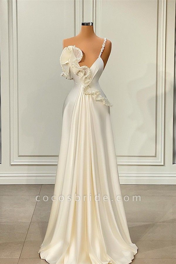 Charming Long A-line Asymmetrical Satin Prom Dress with Ruffles