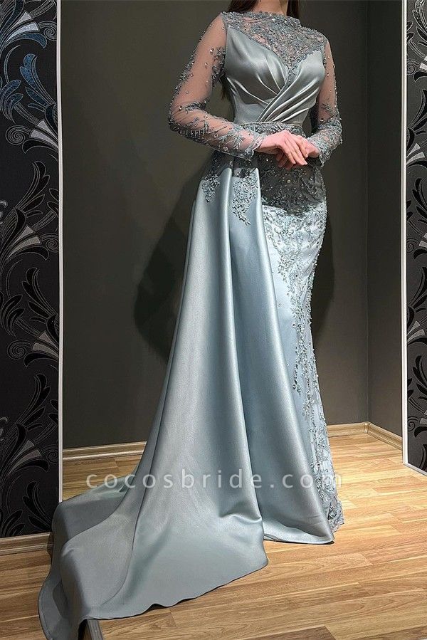 Gorgeous Long Mermaid Jewel Satin Appliques Lace Prom Dress with Sleeves