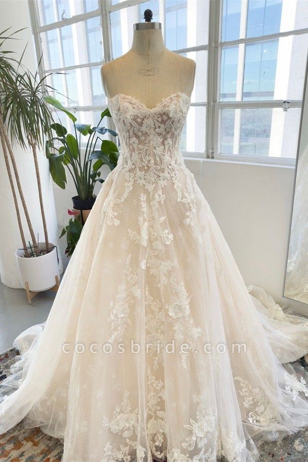 Modest Long A-line Sweetheart Tulle Lace Wedding Dresses