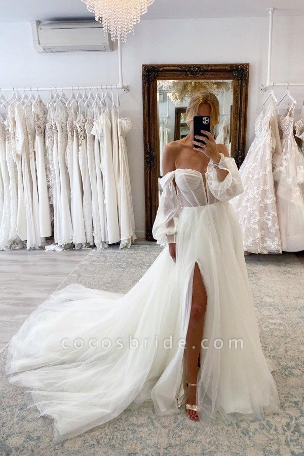 Vintage Long Sleeves A-line Off the Shoulder Tulle Wedding Dresses with Slit