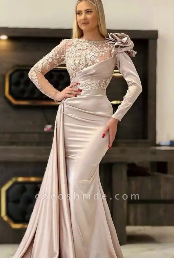 Long Mermaid Satin Lace Evening Formal Prom Dresses with Sleeves