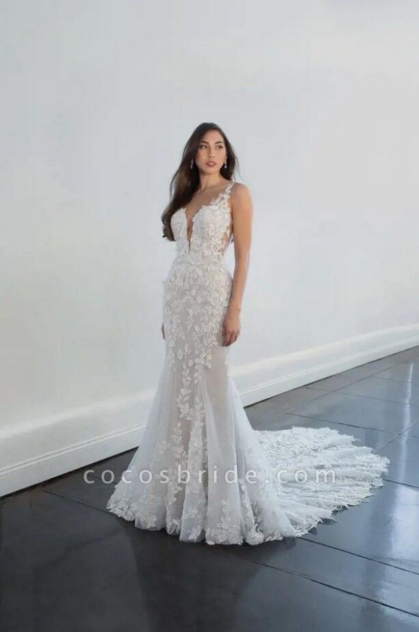 Elegant Long Mermaid V-neck Tulle Lace Backless Wedding Dresses