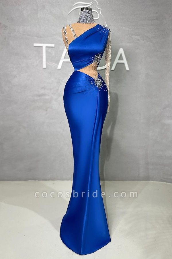 Long Mermaid One Shoulder Satin Beading Lace Formal Prom Dresses with Sleeves