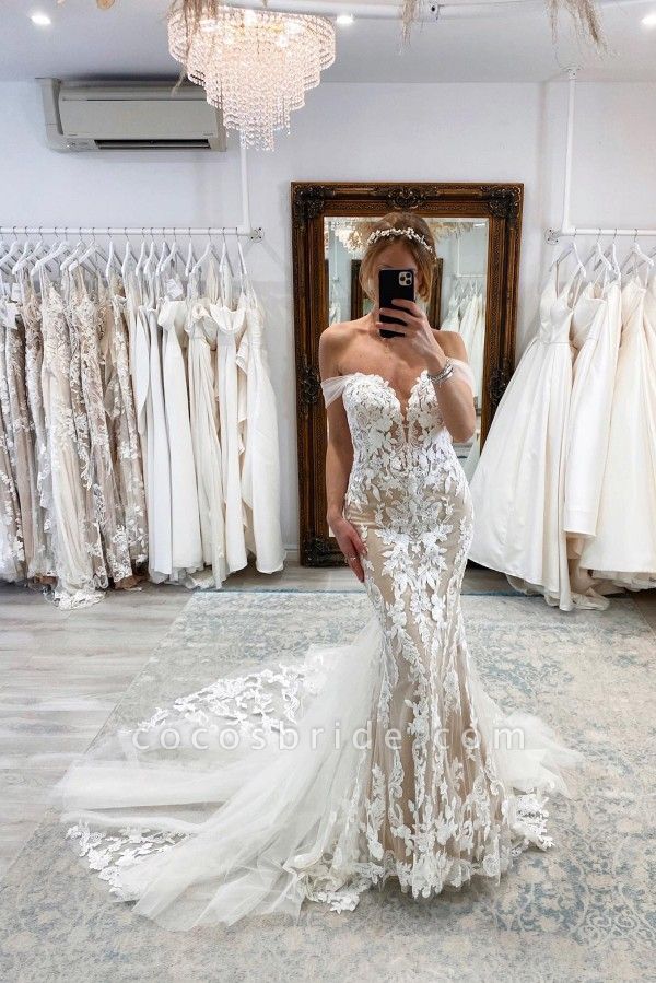 Gorgeous Long Mermaid Off the Shoulder Tulle Lace Wedding Dresses