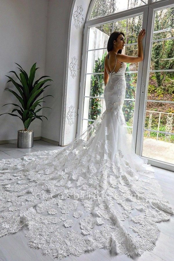 Luxuriöse weiße lange Meerjungfrau-Schatz-Spitze rückenfreie Brautkleider